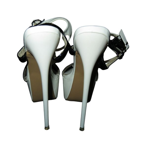 LEBE Ultra high White & Black vegan patent leather strappy stilettos 38 or US 8 - Picture 4 of 12